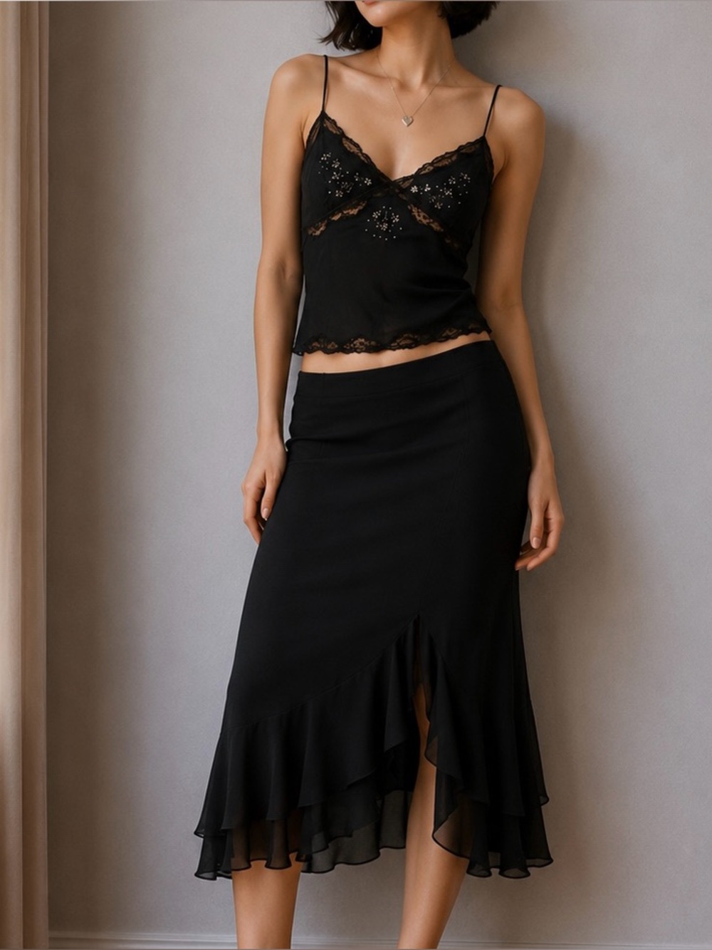 Y2K Express 100% Silk Black Asymmetrical Ruffle Minimalist Fairy Midi Skirt